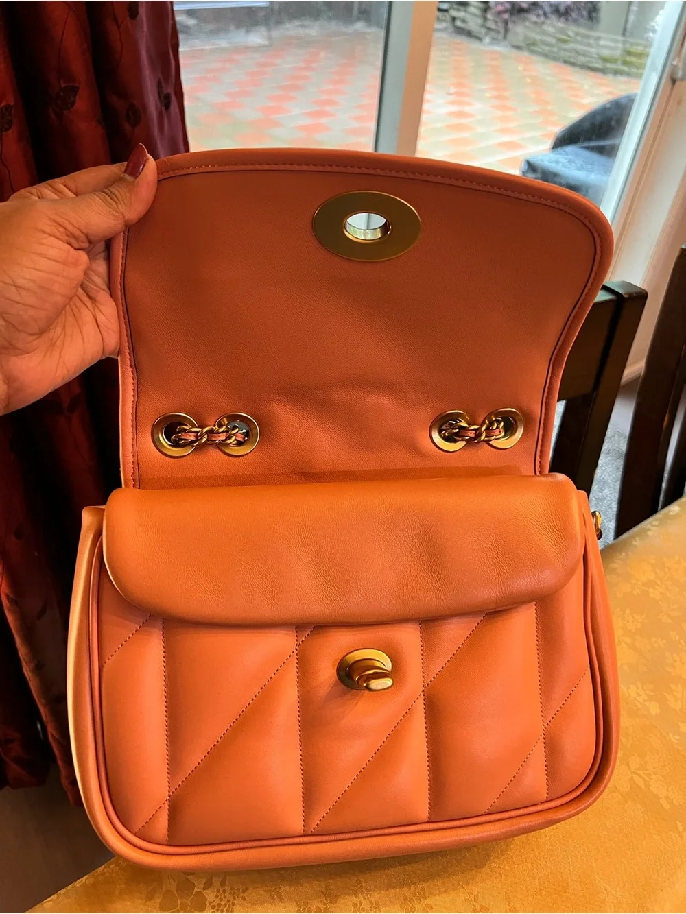 Coach Quilted Leather Shoulder Bag in Coral Orange with Gold Chain